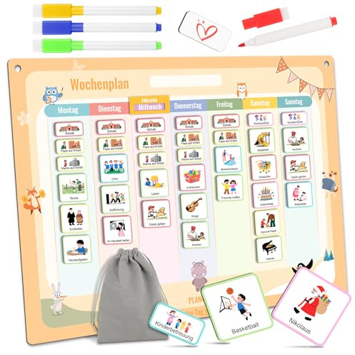 DXLing Montessori Wochenplaner Kinder Magnettafel inkl. 285 Magnete Wochenplan Magnetisch Kinder Routine mit Selbstklebende Haken Kordel und Stift Beschreib und Abwischbar Kinderkalender Wochenplanung