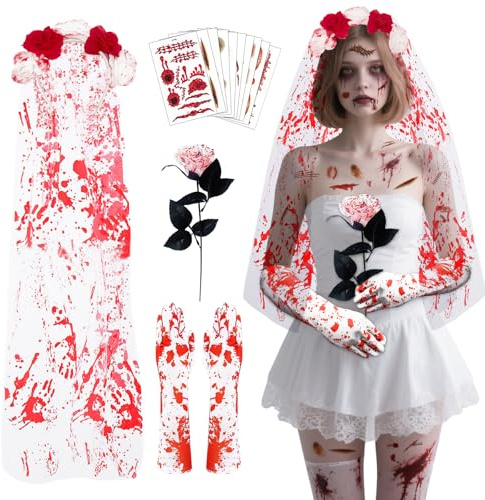 100CM Halloween Kopfschmuck Rosen Tag Der Toten Haarreif mit Spitzenhandschuhe und Gesicht Tattoos,Mexikanische Stirnband Rosen,Tag Der Toten Haarrei für Frauen Damen Kostüm Accessoires (Rot Weiß)