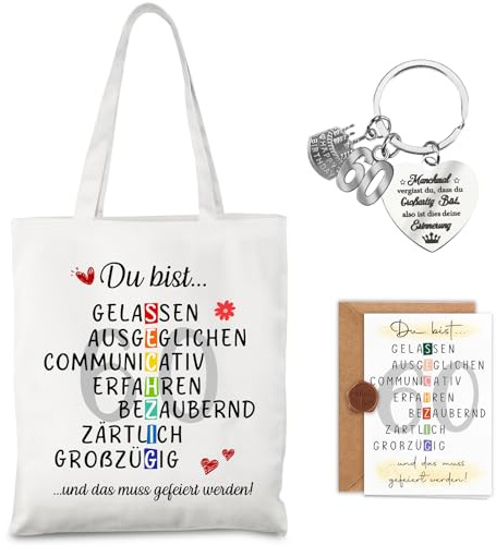 TUZELIYA 60.Geburtstag Frau Mann Baumwollbeutel mit Schlüsselanhänger Grußkarten, Geburtstagsgeschenk Verpackung mit Besonderen Designs, 60 Geburtstagsgeschenke für Frauen Kollege 38 x 42 cm