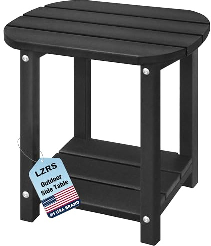 LZRS 2-Tier Patio Side Table, Heavy Duty HDPE Outdoor End Table with Wood Texture, Weatherproof Composite Table for Adirondack Chairs, Deck, Pool, Indoor/Outdoor, No Peeling Cracking(Black)