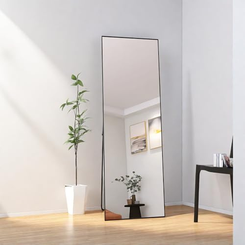Specchio da terra rettangolare a figura intera, 162 x 53 cm, cornice in alluminio nero, montaggio a parete o autoportante, ideale per bagno, camera da letto, ingresso, arredamento moderno per la casa