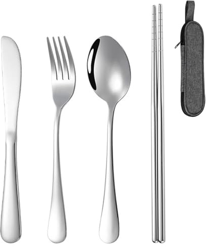 Cutlery Set, 4 Piece Stainless Steel Flatware Set with Storage Bag, Tableware Silverware Set with Spoon Knife Fork and Chopsticks Sets, Mirror Polished, Dishwasher Safe