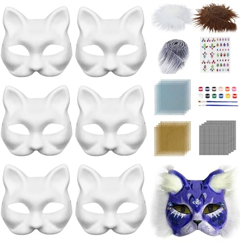 LUPATDY Lot de 6 masques de chat à peindre - En papier - Avec fourrure synthétique et maille pour les yeux - Kit de bricolage - Demi-masques blancs non peints - Pour Halloween, carnaval, mascarade