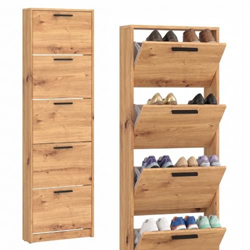 Step Up Schuhschrank Schuhkipper Schmal 5 Klappfächer Tiefe 18 cm für Flur | Artisan Eiche Schlankes Schuhregal, Flur, geräumige Fächer für Ordnung, platzsparende Kippfunktion, versteckte Aufbewahrung