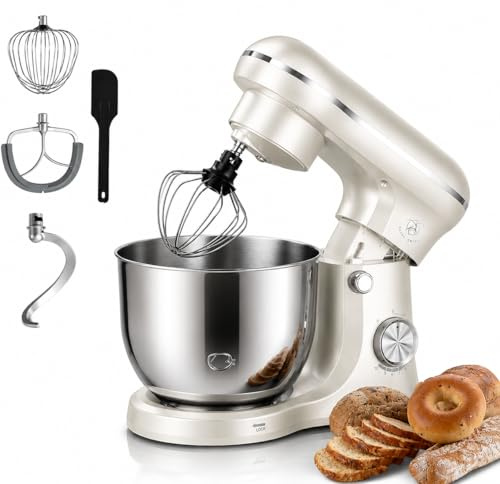 Royal Swiss® Robot da cucina impastatore 5 L 1500W – Ciotola in Inox 5L – 10 Velocità + Funzione Pulse – Movimento Planetario 360° – Sbattitore, Gancio, Frusta – Silenzioso (Crema, 5L)