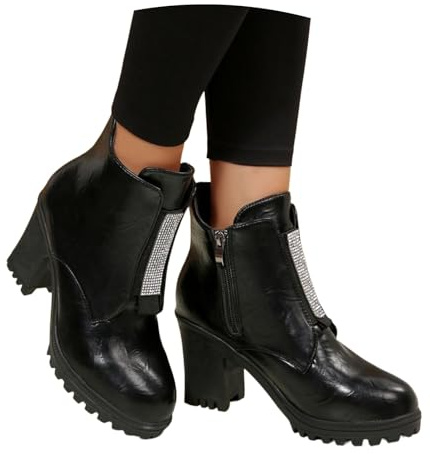 MEECHI Stivali Corti da Donna con Tacco A Blocco Stivaletti Lucidi con Strass Stivaletti Punk con Plateau Stivali Biker in Pelle PU con Cerniera Laterale Eleganti Tacchi Alti for Feste(40 EU)