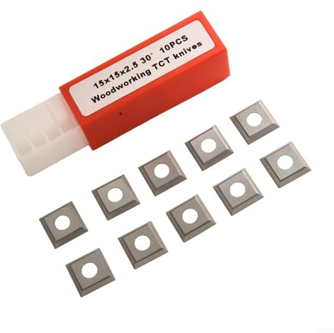 Woodworking Carbide Inserts 10 Pcs, 15x15x2.5mm -30° Square Indexable Cutter for Wood Lathe Turning Tools, 4 Cutting Edges, Compatible with Spiral Planer Heads