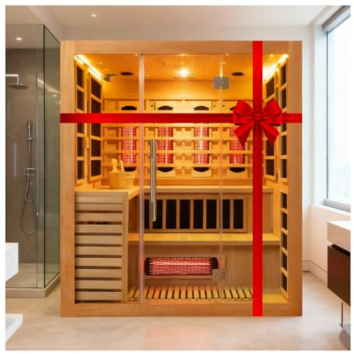 amocane - Sauna de infrarrojos y vapor de doble sistema para 4-6 personas, sauna híbrida de madera con calentador, saunas tradicionales interiores con calentadores y estufa de sauna, altavoz, barra de