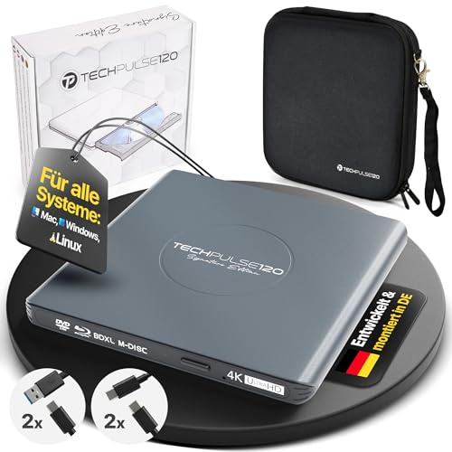 techPulse120 Externes USB 3.1 USB-C UHD 4k 3D M-DISC Blu-ray DVD CD HDR10 128GB Laufwerk Brenner Burner Signature Paket Tasche 90cm Anschlusskabel Aluminium (Grau)