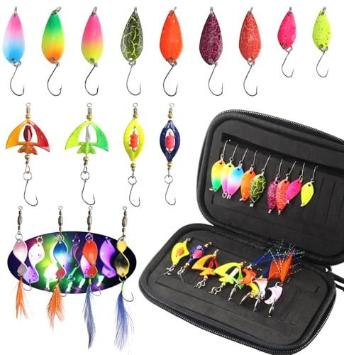 Sunyunze 17 Stück Spoons Forelle Forellen Spoon Set UV Aktiv Forellenköder 1.5g/2.5g/3.5g/3.8g/4.2g Blinker Twist Angelzubehör mit Aufbewahrungsbox Angler Geschenk für Männer und Frauen