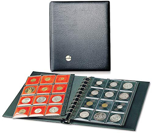 SAFE 762s Coin Combi Münzen Sammelalbum für Münzrähmchen bis 47 mm | 11 Ring Mechanik | in schwarzem Skai | 4 Ergänzungsblätter für 48 Münzen in + 48 rote patentierte Münz-Rahmen