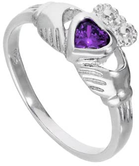 Bague de Claddagh en Argent 925/1000 et Oxyde de Zirconium de Naissance Violet Février - Taille 55