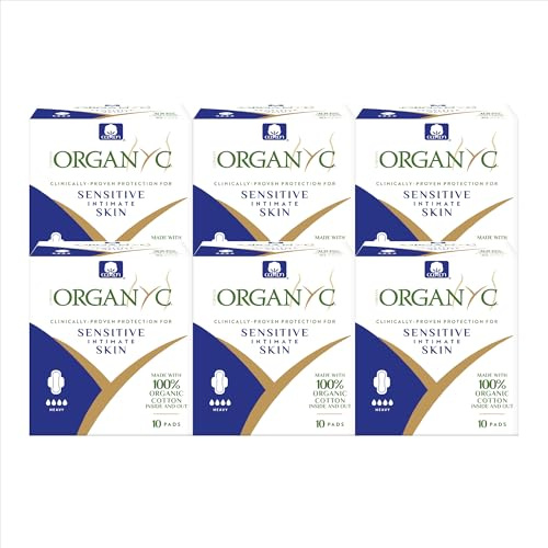 Organyc 100% Certified Organic Cotton Feminine Pads with Wings, Heavy Flow/Absorbency, 10 Count (Pack of 6)