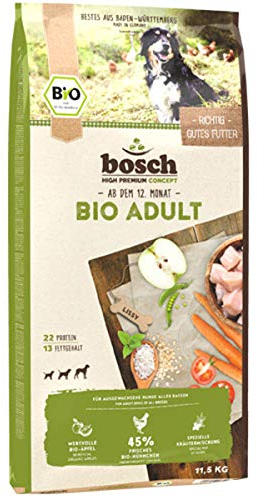 bosch HPC BIO | Adult Hühnchen & Apfel | Hundefutter für ausgewachsene Hunde aller Rassen | 100 % landwirtschaftliche Rohstoffe aus nachweislich biologischem Anbau | 1 x 11.5 kg