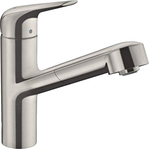 hansgrohe Küchenarmatur mit Schlauchbox (Wasserhahn Küche 120° schwenkbar, hoher und ausziehbarer Auslauf 150mm und sBox, Standardanschlüsse) Edelstahl Finish