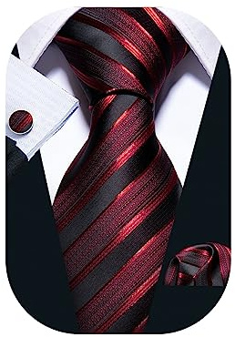 Barry.Wang Red Black Ties for Men Burgundy Striped Silk Woven Necktie Handkerchief Cufflinks Formal Business Wedding