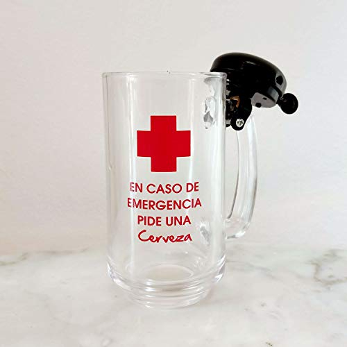 Framan Jarra de cerveza para Emergencias. Jarra de Cristal con Timbre. En caso de Emergencia pide una Cerveza. 400 ml. Cristal y metal