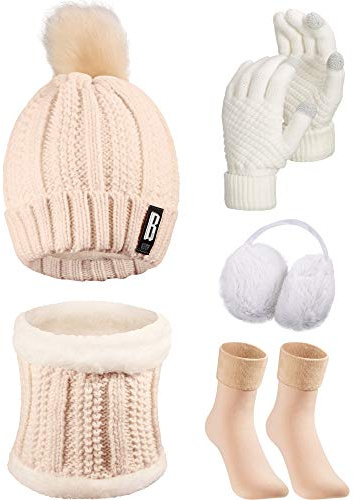 SATINIOR 5 Pcs Winter Hat Scarf Gloves Set Fleece Warm Lined Knit Beanie Hat Touch Screen Earmuff Gloves Warmer for Women(Beige,Classic Style)