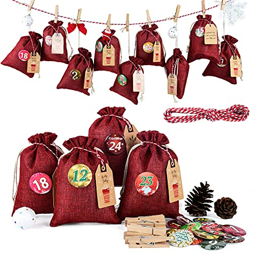 Adventskalender zum Befüllen, Weihnachtskalender Jutesäckchen zum Selberfüllen, 24 Geschenksäckchen Kette zum selber befüllbar und Aufhängen (Rot, 13 x 17 cm)