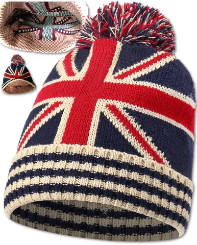 TheWhiteWater Limited Union Jack Flag Thermal Hat – Bobble Hat – Bob Winter Pom-Pom Cap –Smart Fitting, Acrylic Cosy & Comfortable Warm UNISEX - Gift Idea - One Size Fit Most