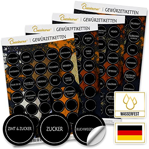 Cuccinara 200 Gewürzetiketten Aufkleber - Gewürze Etiketten selbstklebend - rund, schwarz, wasserfest - Gewürz Sticker für Gewürzgläser und Dosen