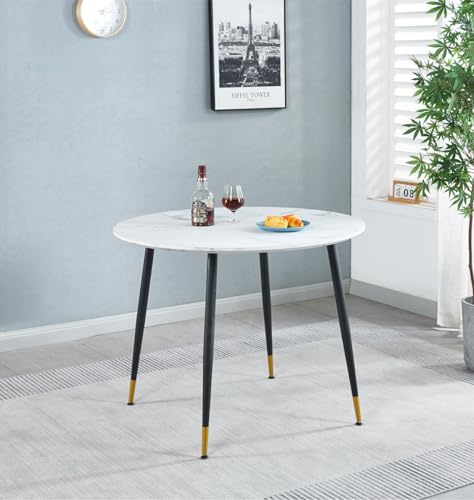 Hallowood Furniture Finley Small Round Table in Marble Effect Top, 100cm | Marble Effect Top White Dining Table with Black Metal Legs for Dining, Breakfast, Coffee, Kitchen, Home Office, and Café Use