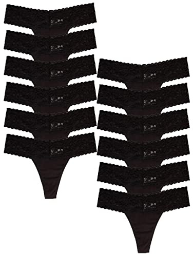Jo & Bette Women's Cotton Thong Underwear, Lace Trim Soft Sexy Lingerie Panties Set (12pk Black - Small)