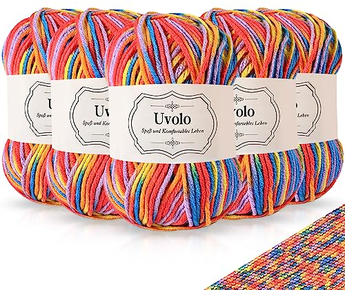 Uvolo Handstrickgarn Farbverlauf 250g Set (5 x 50g), 100% Acrylgarn in 40+ Farben, Häkelgarn Bunt Regenbogen, Mehrfarbiges Garn zum Stricken Häkeln und Bastel-27 Blau Orange Gelb