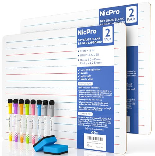 Nicpro Lot de 2 tableaux blancs A3, 30 x 42 cm, double face, vierges et lignés, avec 8 stylos à base d'eau, petit tableau blanc portable pour enfants, étudiants et salles de classe