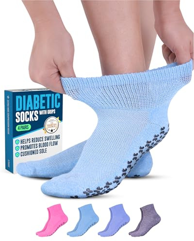 Diabetikerstrumpor med grepp för kvinnor och män, 4 par, ljusblå, blå, lila, rosa, neuropatistrumpor, sjukhusstrumpor, halkfria ankelstrumpor för äldre