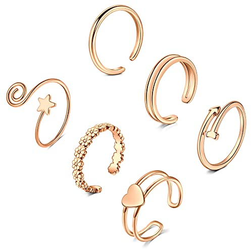 Mayhoop Zehenringe für Damen Roségold Verstellbare Zehenringe Knöchelringe Chirurgenstahl Herz Blume Stern 6St