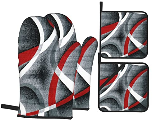 Gants De Cuisine Et Maniques, Gris Noir Rouge Blanc Tourbillons Maniques Anti Chaleur Gants De Four Résistant À Chaleur Mitaines De Four pour Four Barbecue Cuisine Grillade