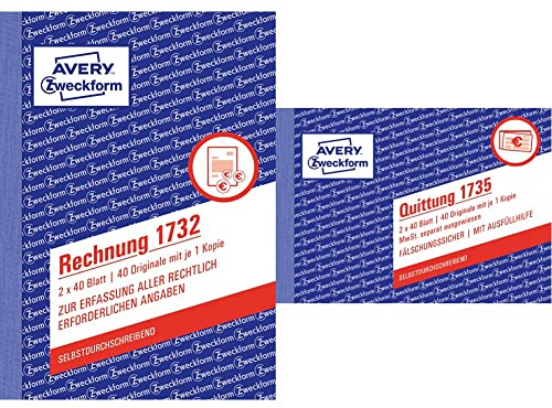 AVERY Zweckform 1732 Rechnung, weiß/gelb & 1735 Quittungsblock (A6 quer, 2x40 Blatt, mit Durchschlag, fälschungssicher, separat ausgewiesene MwSt., für Deutschland und Österreich) weiß/gelb