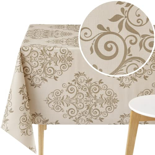 KP HOME Wachstuchtischdecke Barock Muster Wasserdicht Wachstuch Rechteckig 200 x 140 cm Elegant Damas Arabesque Beige Wachstischdecke Vinyl PVC Tischdecke Abwischbare Kunststoff Pflegeleich Outdoor