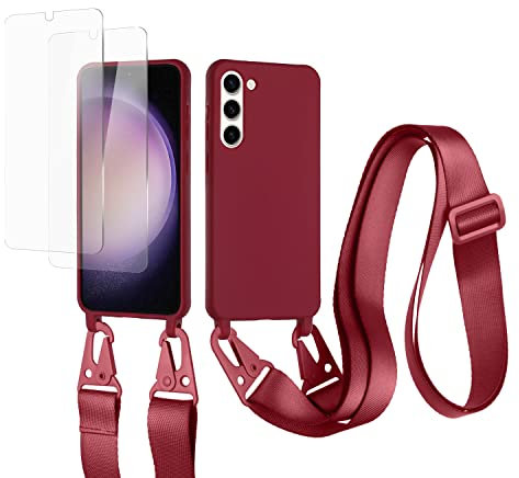 vrupin kompatibel mit Samsung Galaxy S23 Plus Handykette Hülle,[2 Stück Schutzfolie 9H Härte Gehärtete Folie].Necklace Hülle Nylon Schultergurt Weich Flüssiges Silikon-rot