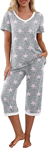 PrinStory Dampyjamas 2 stycken nattkläder, kortärmad pyjamasöverdel och pyjamasbyxor, hemmakostym, fritidsoverall, blomtryck (stjärnor rosa, XL), Stjärnor rosa, XL