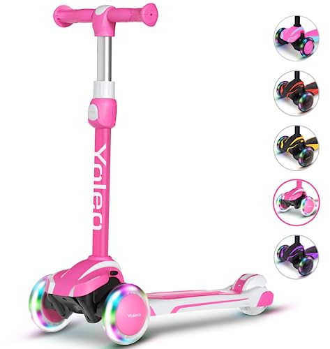 Yoleo Kinderscooter, Kinder Roller mit Leuchtenden Räder, Dreiradscooter 4 Höhenverstellbare für Jungen & Mädchen im Alter von 3-12 Jahren, bis 50kg blasbar (Rosa-weiß)