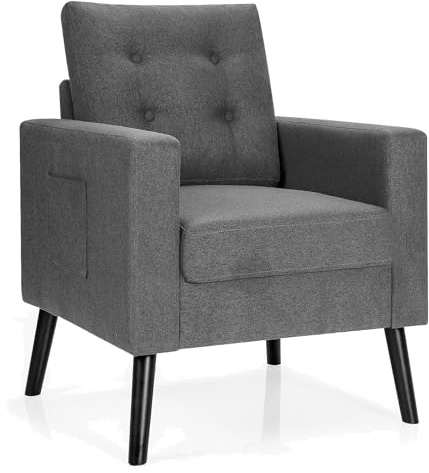 RELAX4LIFE Polstersessel, Relaxsessel mit Rücken-& Sitzkissen, Einzelsofa mit Holzbeinen& 2 Seitentaschen, Wohnzimmerstuhl mit Sitztiefe von 53cm, für Wohnzimmer Schlafzimmer Büro, 81×67×86cm (Grau)