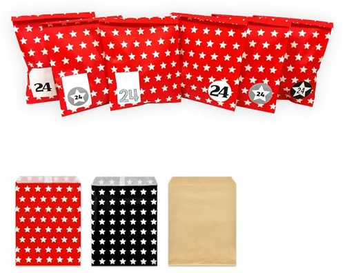 Frau WUNDERVoll® DIY Adventskalender zum Befüllen Bescherung, rot weiße Sterne Papiertüten 13x16,5cm, Ziffern DIGITAL weiß schwarz grau/Weihnachten Aufkleber Kalender Kinder Geschenkbeutel