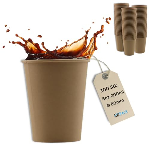 Enpack 200 Kaffeebecher braun 80mm - einweg kaffeetassen mit 200ml/8oz Füllmenge - Hitzebeständige to Go Becher - Recycelbare cafe to go becher für Kaffee/Tee/Kakao -Kraftpapier