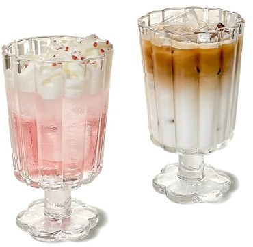 TUCHACA Fuß Eisbecher Trinkgläser Set von 2 (Durchsichtig), Blütenblatt Stil Glas Becher, geeignet für Saft, Eis, Cocktails, Dessert Mehr.
