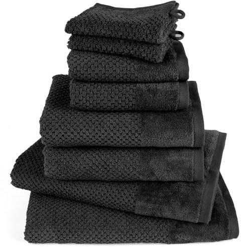 Pure Label Handtuch Set 8tlg 2xDusch 2xHand 2xGäste 2xWasch Schwarz | 100% Baumwolle, weich & saugstark - Waschbar bis 60∘C, trocknergeeignet