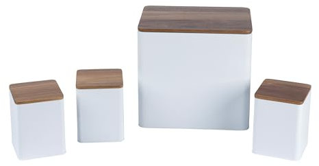 Salter BW12900WEU7 Toronto 4-Piece Countertop Set – Bread Bin, Tea, Sugar, Coffee Canisters, Storage Containers, Powder Coated White Finish, Acacia Wooden Lids, Stylish, Storage Jars, White/Wooden