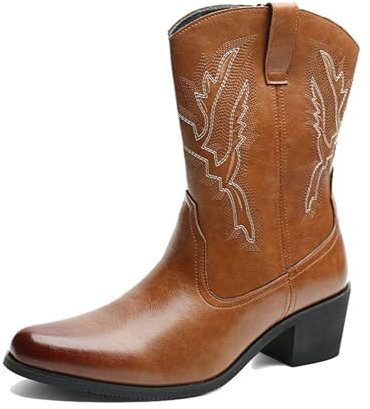 Botas De Hombre Cowboy - Western Boot Botas De Hombre Cowboy con Punta | Pull-On Boots| Bordado | para Trabajar, Equitación,Marrón,43 EU