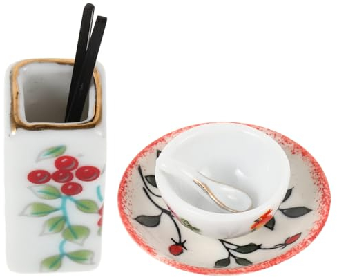 UPKOCH 1satz Miniatur Geschirrset Für Puppenhaus Keramik Küchenaccessoires Mit Schalen Tellern Löffeln Und Essstäbchen Für Miniaturdekoration Und Rollenspiele