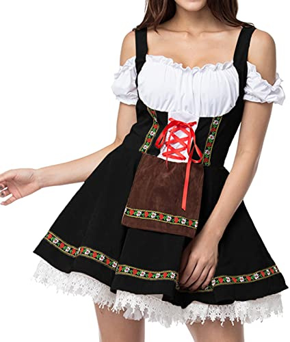 Women's Bavarian Dirndl Dress Traditional Beer Festival German Bavarian Outfit Traditional Maid Costumes Knee Length Beer Girl Costume for Oktoberfest Carnival Fancy Dress Black