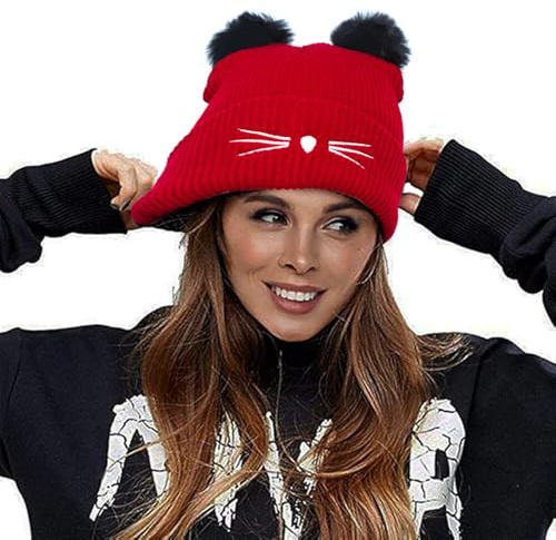 Richoose Strickmütze Damen Winter Strickmütze Mütze Damen Mode Wolle Nette Katzeohren Knit Beanie Hüte,Rot