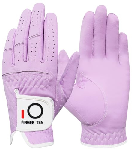 FINGER TEN Golfhandschuhe für Damen 1 Stück, Linke Hand für Rechtshänder, für nasse, heiße, kühle Regengriff, Wetter bei jedem Wetter, passend für S, M, L, XL (Lila, Medium(Worn On Links Hand))