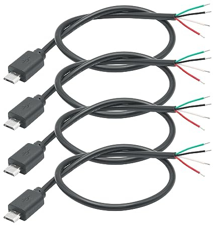 Riertostng Lot de 4 câbles courts Micro USB mâles 4 broches 24 AWG 5 V/2 A 4 broches Pigtail Open End Câble d'alimentation et de données, pour appareils USB installés ou remplacés, câbles de