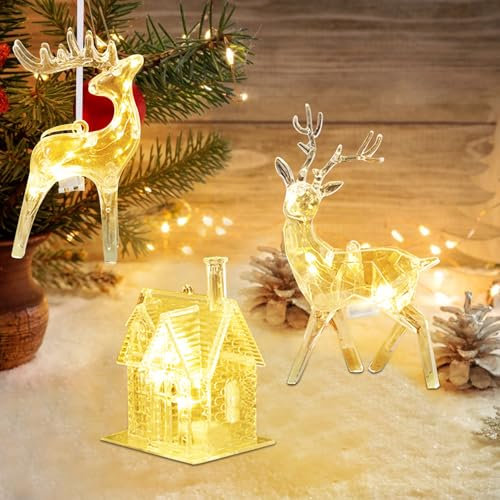 3 Stück Weihnachtsdeko Mit LED Lichtern, Weihnachtsdeko Innen Weihnachtshirsch Haus Anhänger Aus Acryl, LED Leuchtende Fensterdeko Weihnachtshaus Weihnachtsdorf Beleuchtet (A)